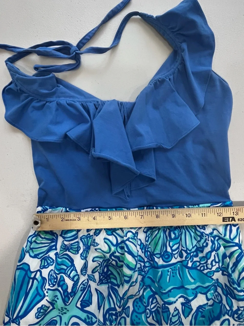 Lilly Pulitzer Blue Halter Ruffle Seashell Print Cotton Dress Size S